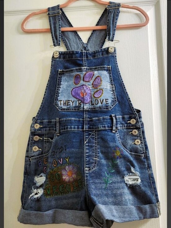 Denim - OOAK Hand Painted Vegan Denim Shortalls Upcycled Overalls XS/S